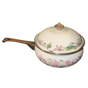 Vintage ASTA German Enamel Covered Sauce Pan Brass Handle Floral Pink